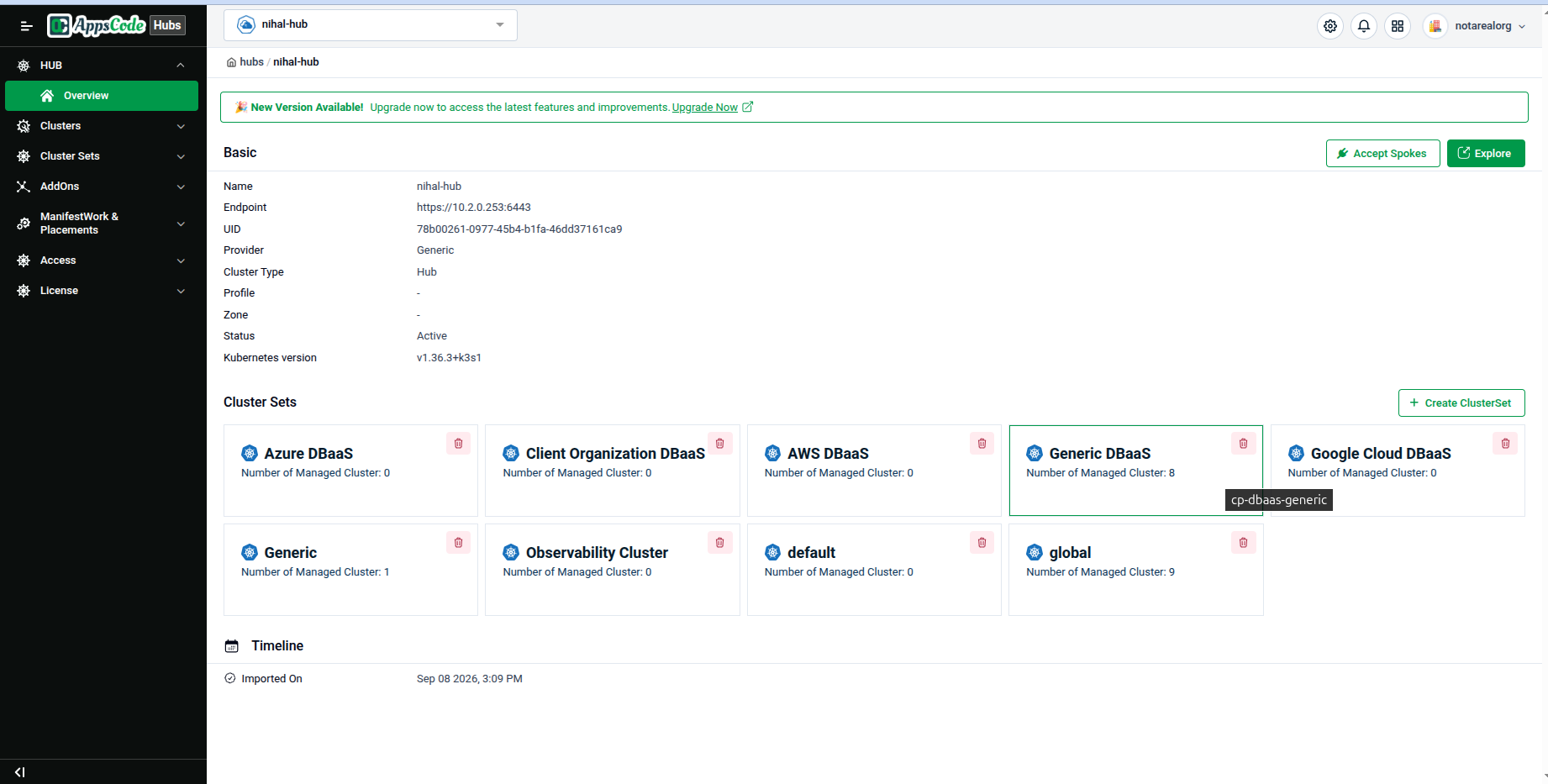 Cluster Sets section on the hub Overview page