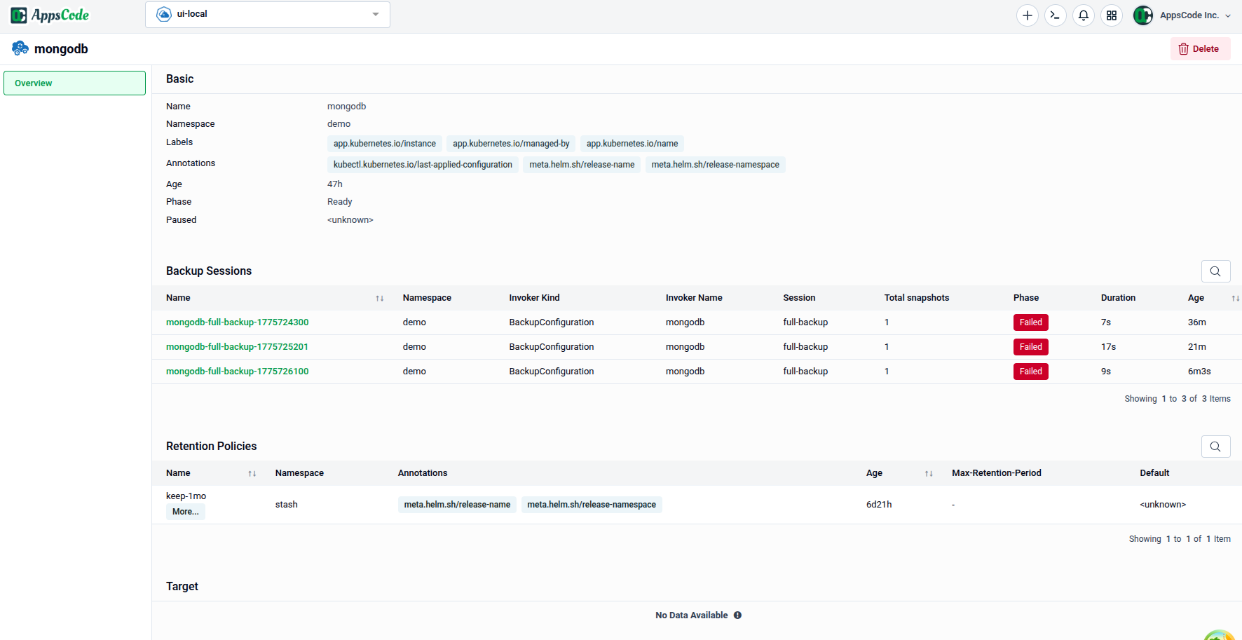 BackupConfiguration detail page showing Basic info, Backup Sessions table, Retention Policies table, and Target section