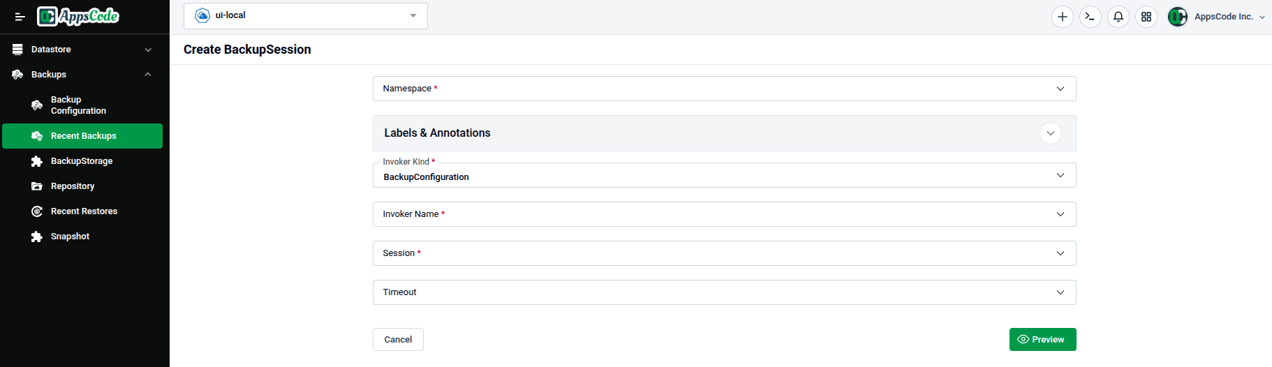 Create BackupSession form showing Namespace, Labels & Annotations, Invoker Kind, Invoker Name, Session, and Timeout fields