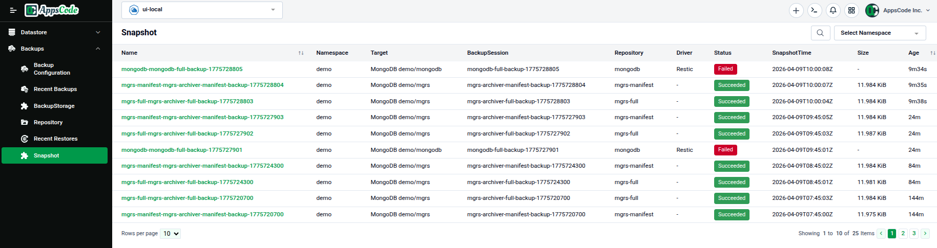 Snapshot list page showing snapshots with Name, Namespace, Repository, Invoker Kind, Invoker Name, Backend Repository, Creation Timestamp, Deletion Policy, Phase, Verification Status, and Age columns