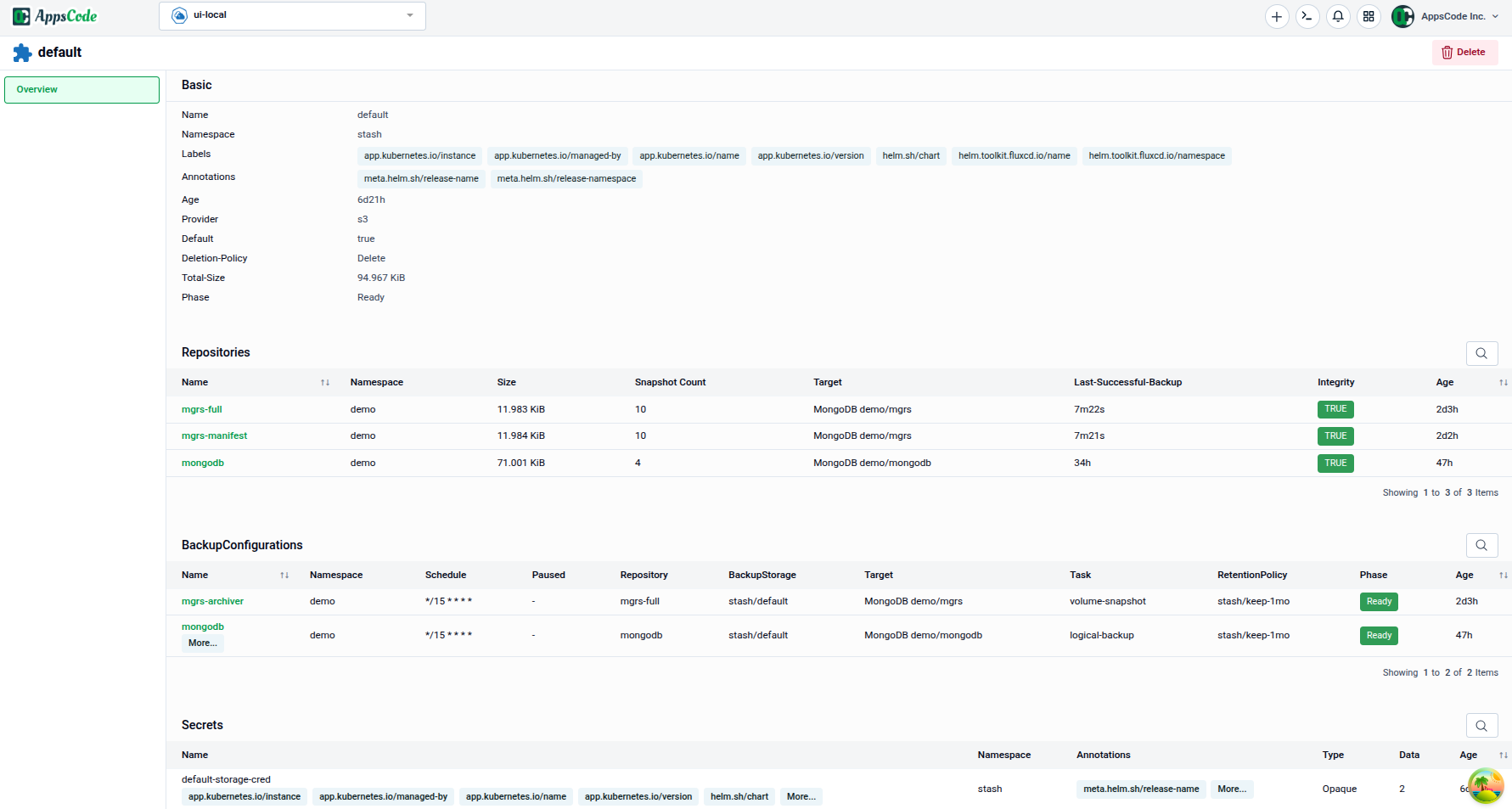 BackupStorage detail page showing Basic info, Repositories, and BackupConfigurations tables