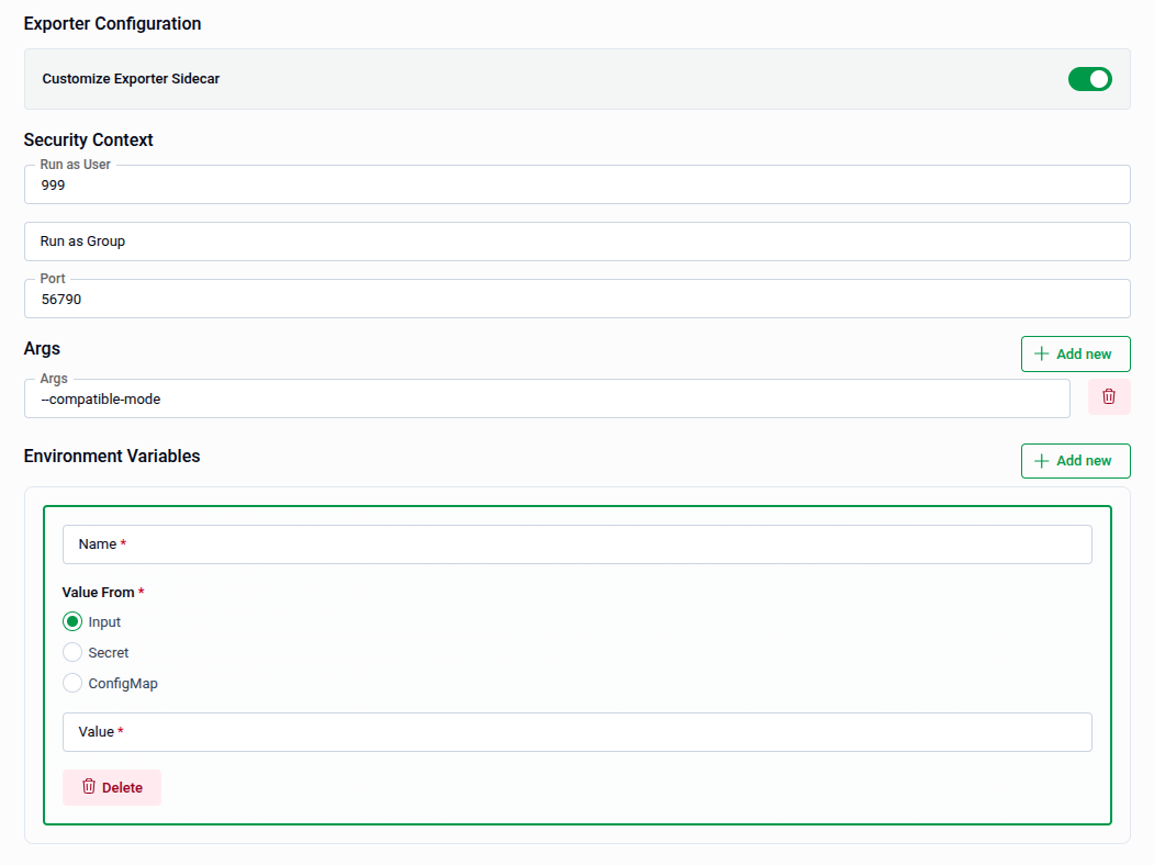 Exporter Configuration section expanded showing Security Context, Args, and Environment Variables with Input value source selected
